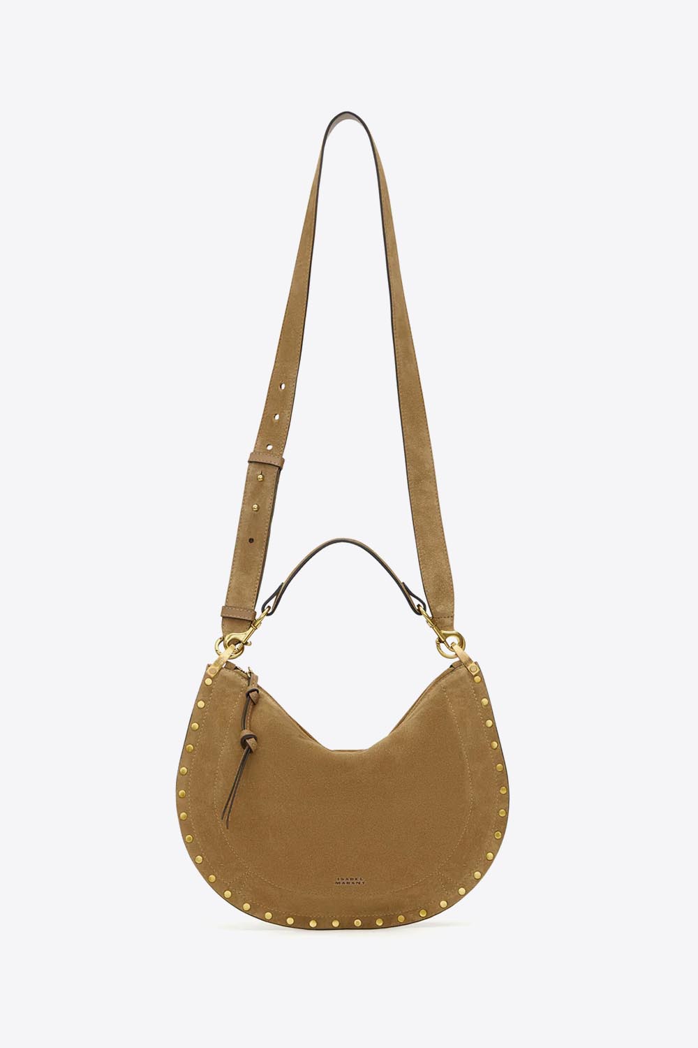 Sac Oskan Soft Zip Isabel Marant en cuir suédé taupe et clouté. Bandoulière courte pour un porté main ou épaule et une bandoulière pour un porté épaule ou croisé. Détail de la bandoulière longue. Face.