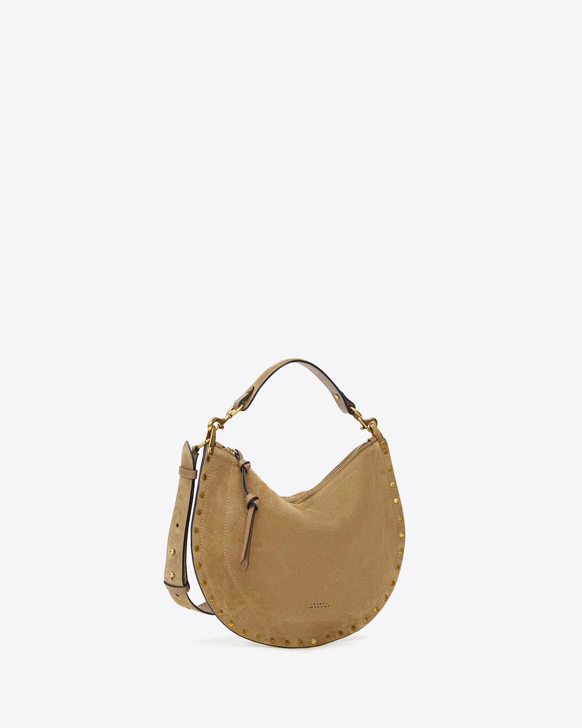Sac Oskan Soft Zip Isabel Marant en cuir suédé taupe et clouté. Bandoulière courte pour un porté main ou épaule et une bandoulière longue pour un porté épaule ou croisé. Profil.