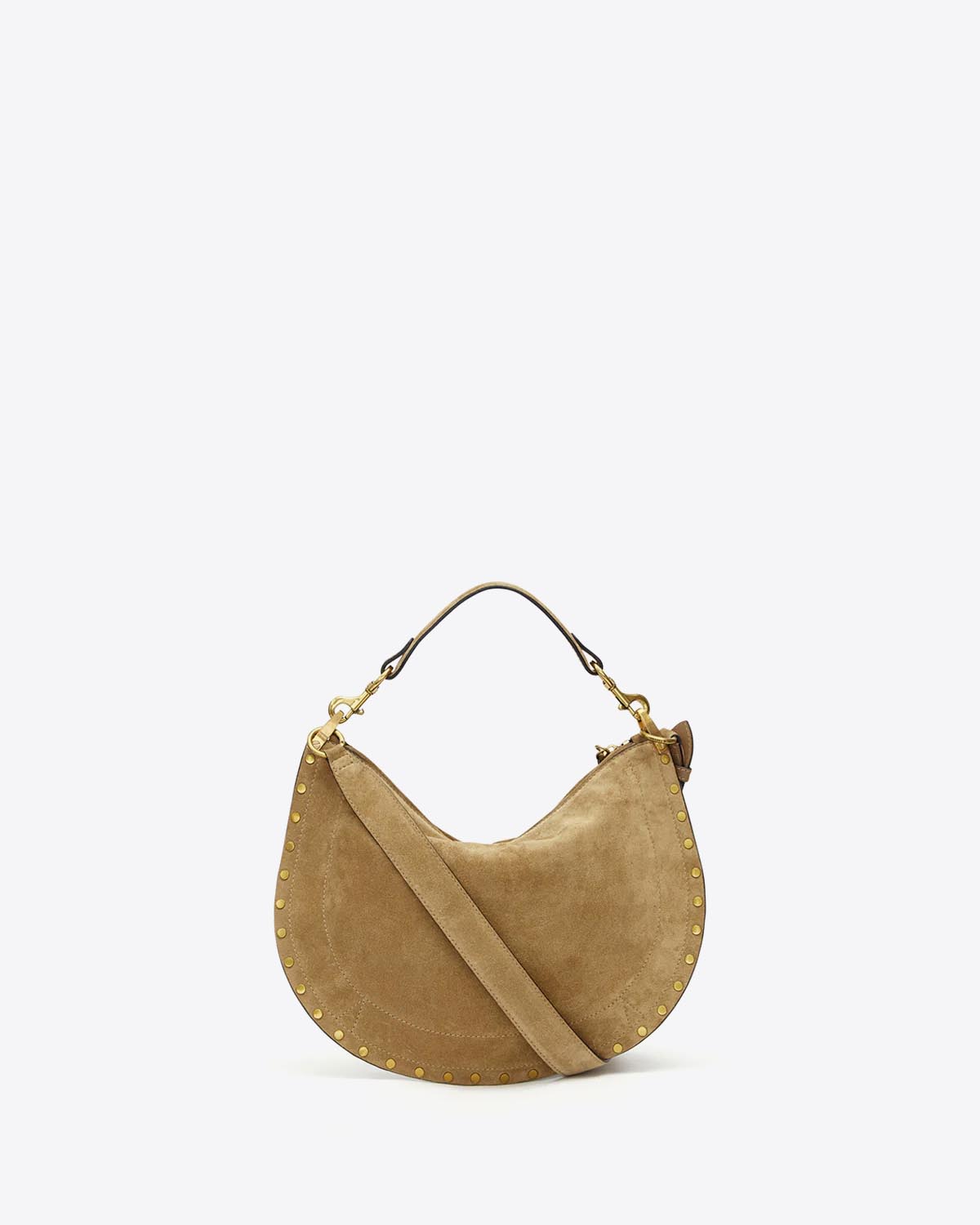Sac Oskan Soft Zip Isabel Marant en cuir suédé taupe et clouté. Bandoulière courte pour un porté main ou épaule et une bandoulière longue pour un porté épaule ou croisé. Dos.