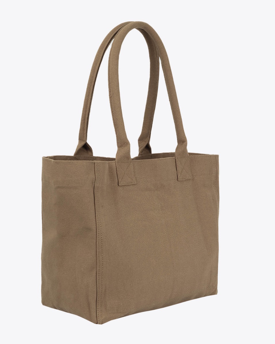 Cabas Yenky Zip Isabel Marant en toile de coton kaki logo floqué Kaki foncé. Porté main ou épaule. Dos uni.