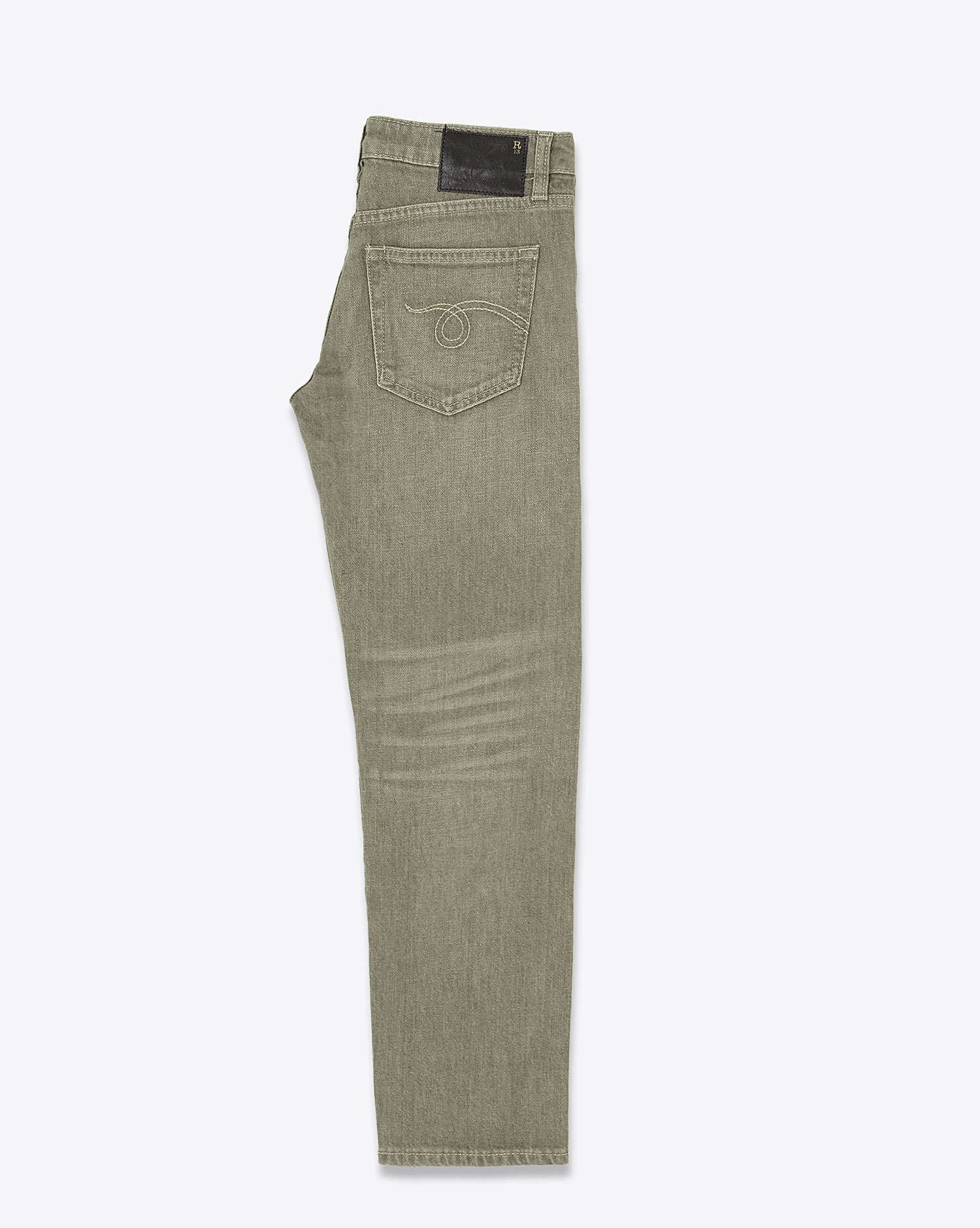 Jean droit Boy Straight R13 en denim kaki. Vue profil. 
