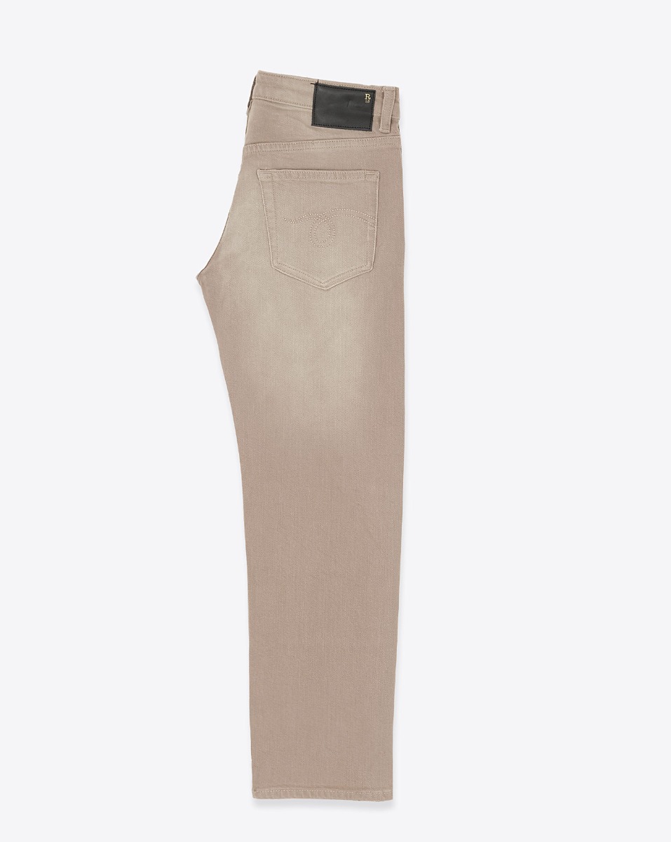Jean Boy Straight R13 toile beige Clean Sawdust Stretch. Vue de profil.