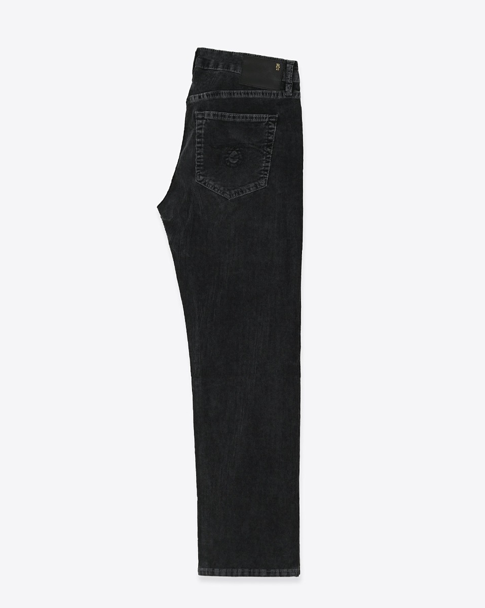 Jean slim taille basse Boy Straight R13 en velours de coton côtelé noir délavé Obsidian Stretch Cord Black. Vue de profil.