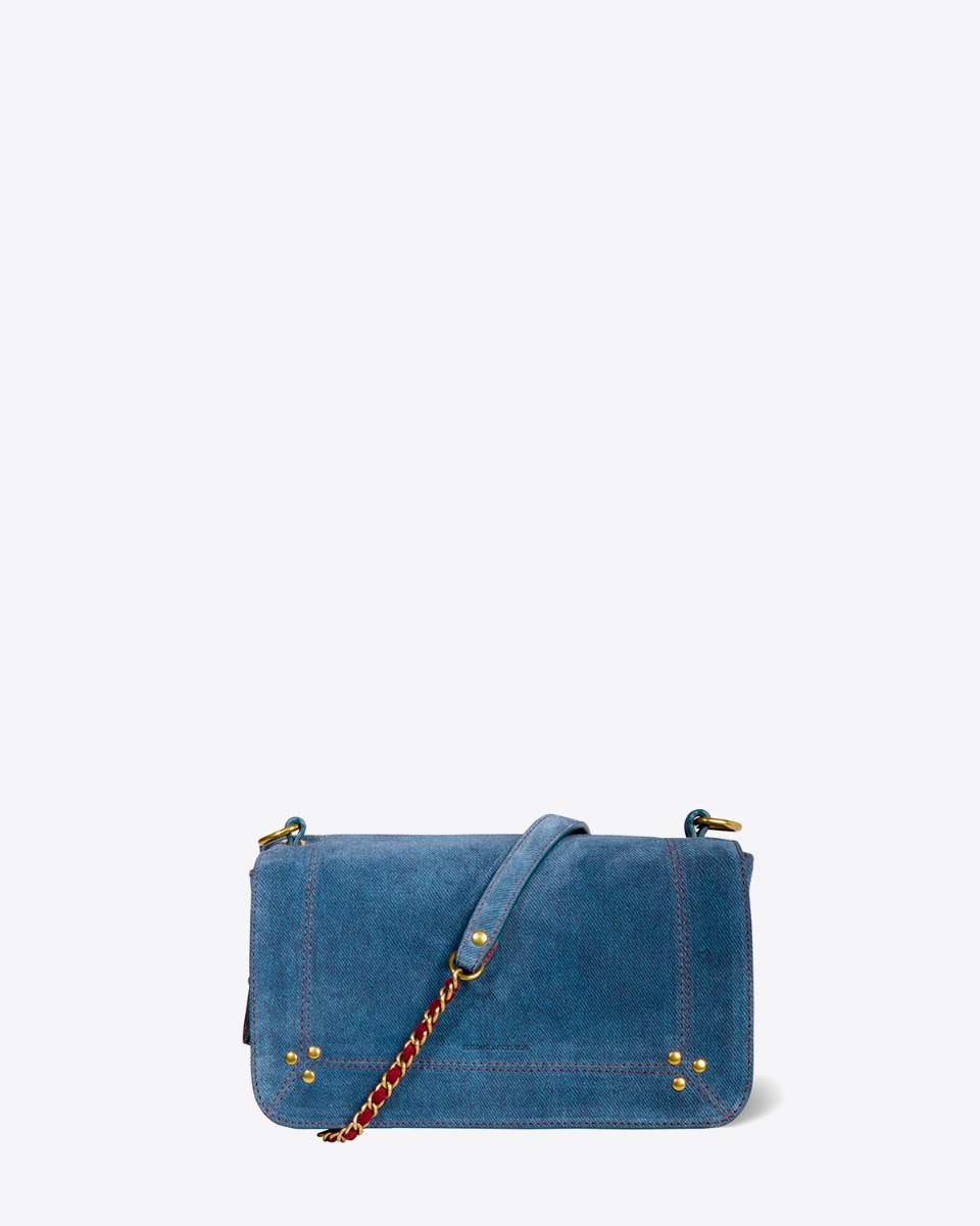 Sac Bobi Jérôme Dreyfuss en cuir suédé jeans. Vue de face. Détail de la chaîne tressée de cuir bordeaux.