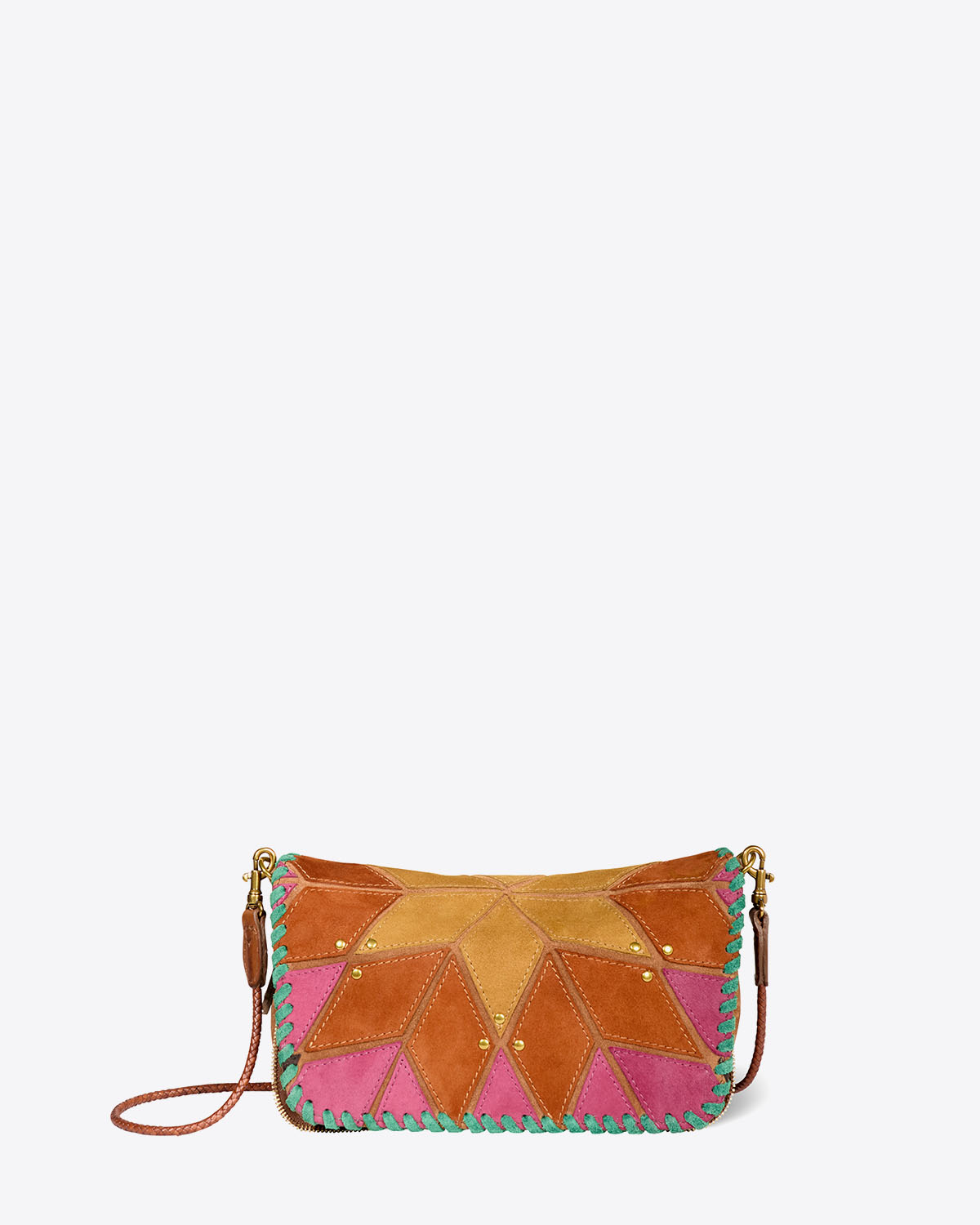 Mini-sac Bobi S Jérôme Dreyfuss Lever du jour en patchwork de cuir suédé jaune, orange et rose. Bandoulière longue en cuir tressé. Détail du rabat. 