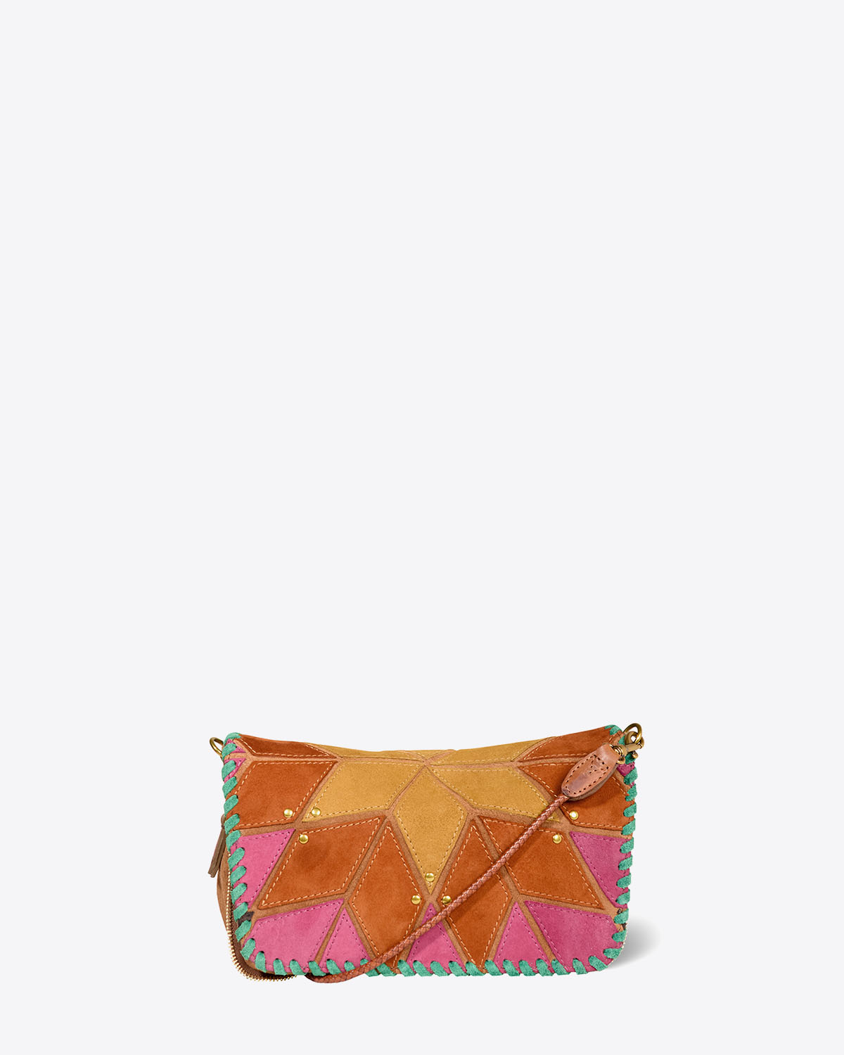 Mini-sac Bobi S Jérôme Dreyfuss Lever du jour en patchwork de cuir suédé jaune, orange et rose. Bandoulière longue en cuir tressé. Détail de la bandoulière en cuir.