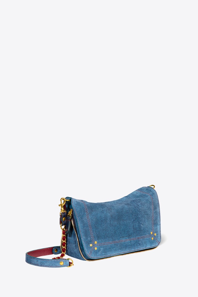 Sac bobi S Jérôme Dreyfuss en cuir suédé bleu jeans. Vue de profil.