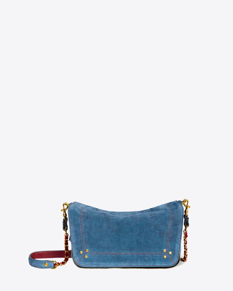 Sac bobi S Jérôme Dreyfuss en cuir suédé bleu jeans. Vue de face.