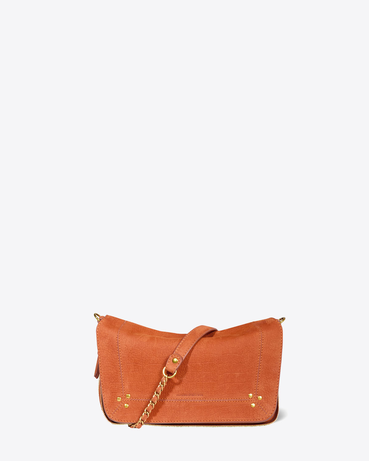 Mini-sac Bobi S Jérôme Dreyfuss en cuir suédé Opium. Détail de la patte en cuir sur la chaine. 