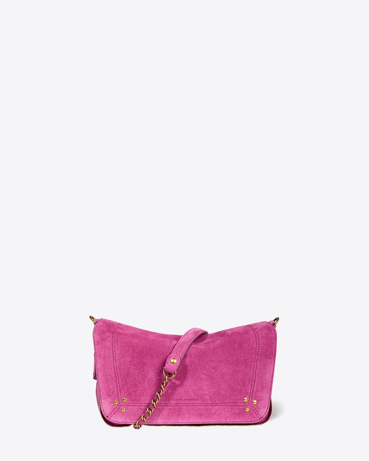 Mini-sac Bobi S en cuir suédé rose Orchidée Jérôme Dreyfuss. Face. Détail de la chaine.
