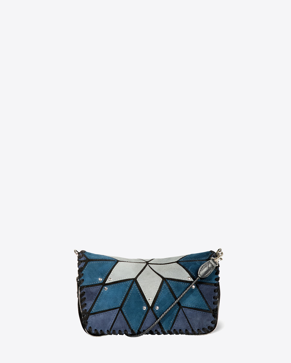 Mini-sac Bobi S Jérôme Dreyfuss en patchwork de cuir suédé bleu Lever du Jour. Bandoulière longue en cuir tressé. Détail de la bandoulière amovible avec des mousquetons en métal argenté.