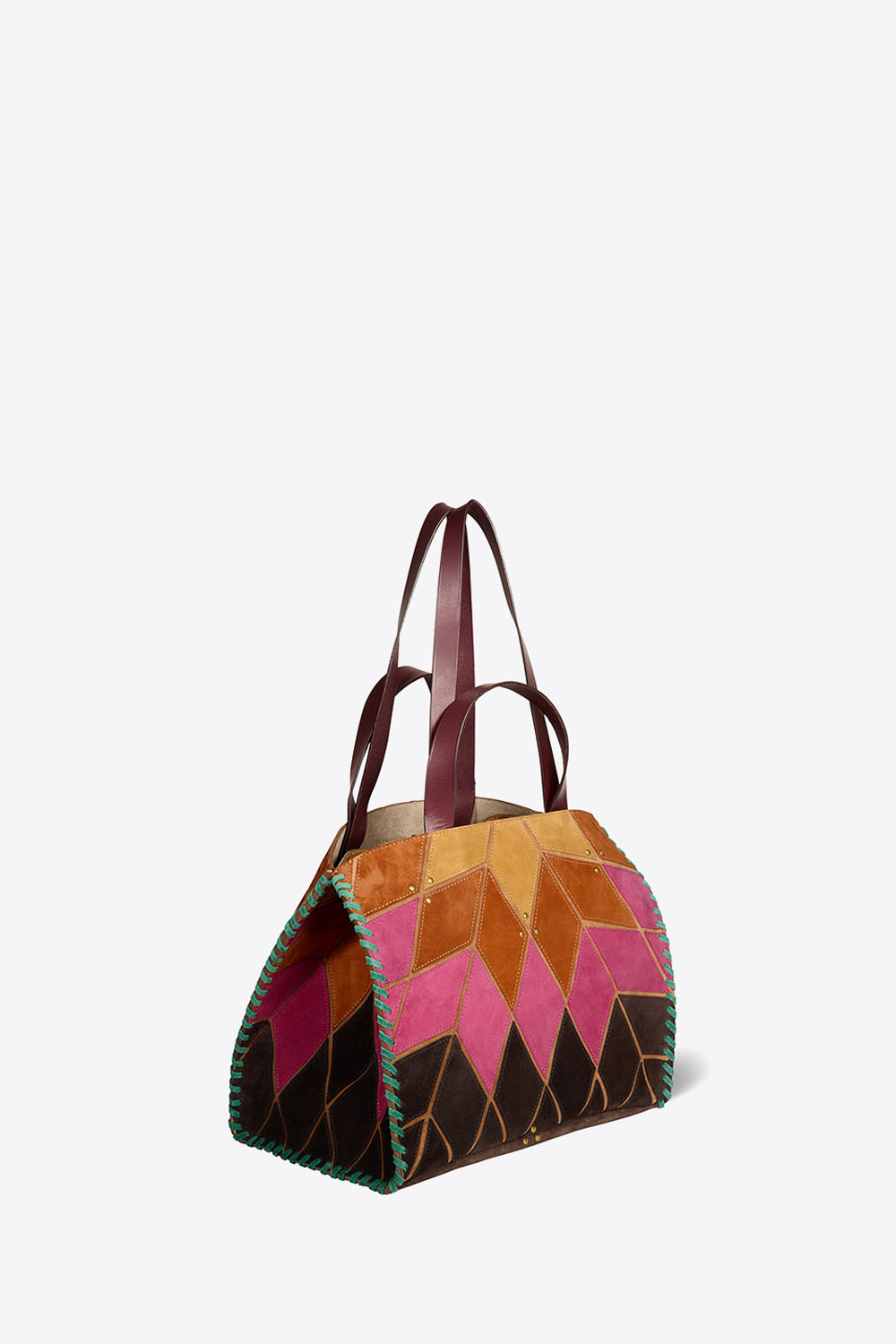 Cabas Léon M Jérôme Dreyfuss en patchwork de cuir suédé orange, jaune et rose. Porté main ou épaule. Profil.