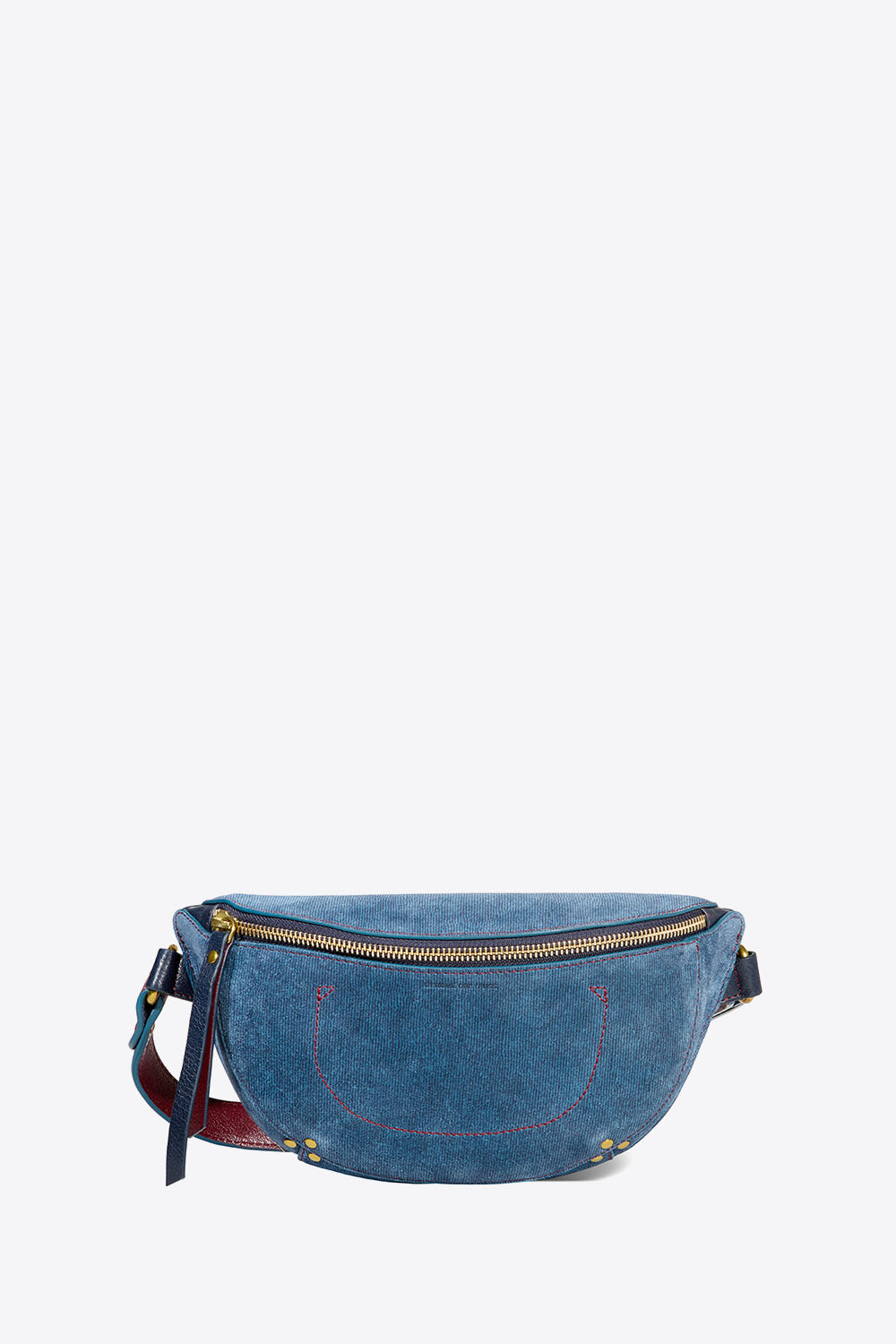 Sac banane Lino Jérôme Dreyfuss en cuir suédé et cuir grainé bleu jean. Face.