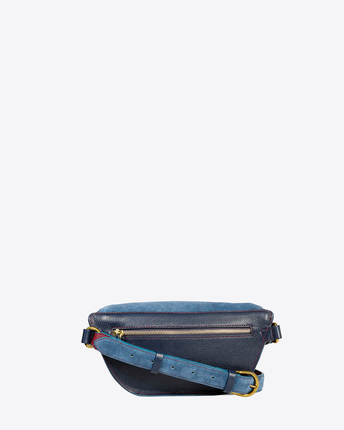 Sac banane Lino Jérôme Dreyfuss en cuir suédé et cuir grainé bleu jean. Détail de l'arrière avec poche zippée. 