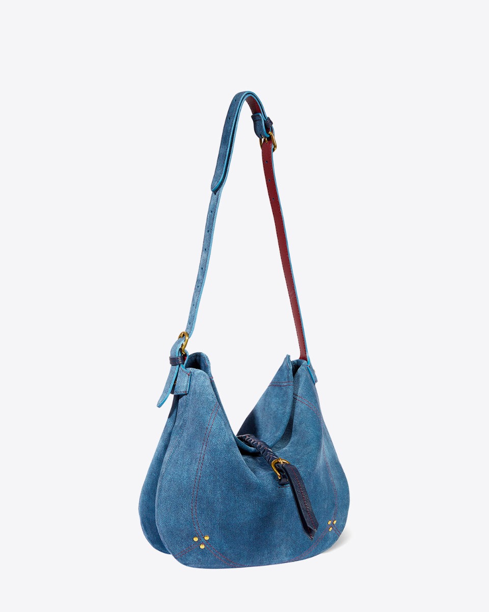 Sac Luis Jérôme Dreyfuss en cuir effet jean. Vue de profil avec la bandoulière longue.