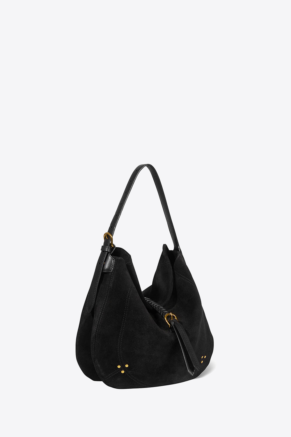 Sac besace en cuir suédé noir Luis Jérôme Dreyfuss. Profil. Vue porté main ou épaule.