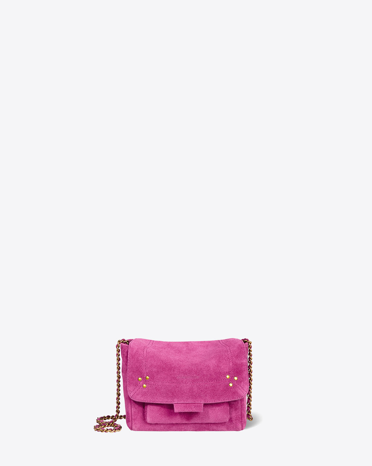 Mini-sac Lulu S Jérôme Dreyfuss en cuir suédé rose orchidée. Face. Détail du rabat.