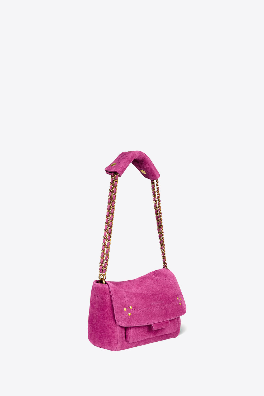 Mini-sac Lulu S Jérôme Dreyfuss en cuir suédé rose orchidée. Vue avec la chaine raccourcie pour un porté épaule ou main.