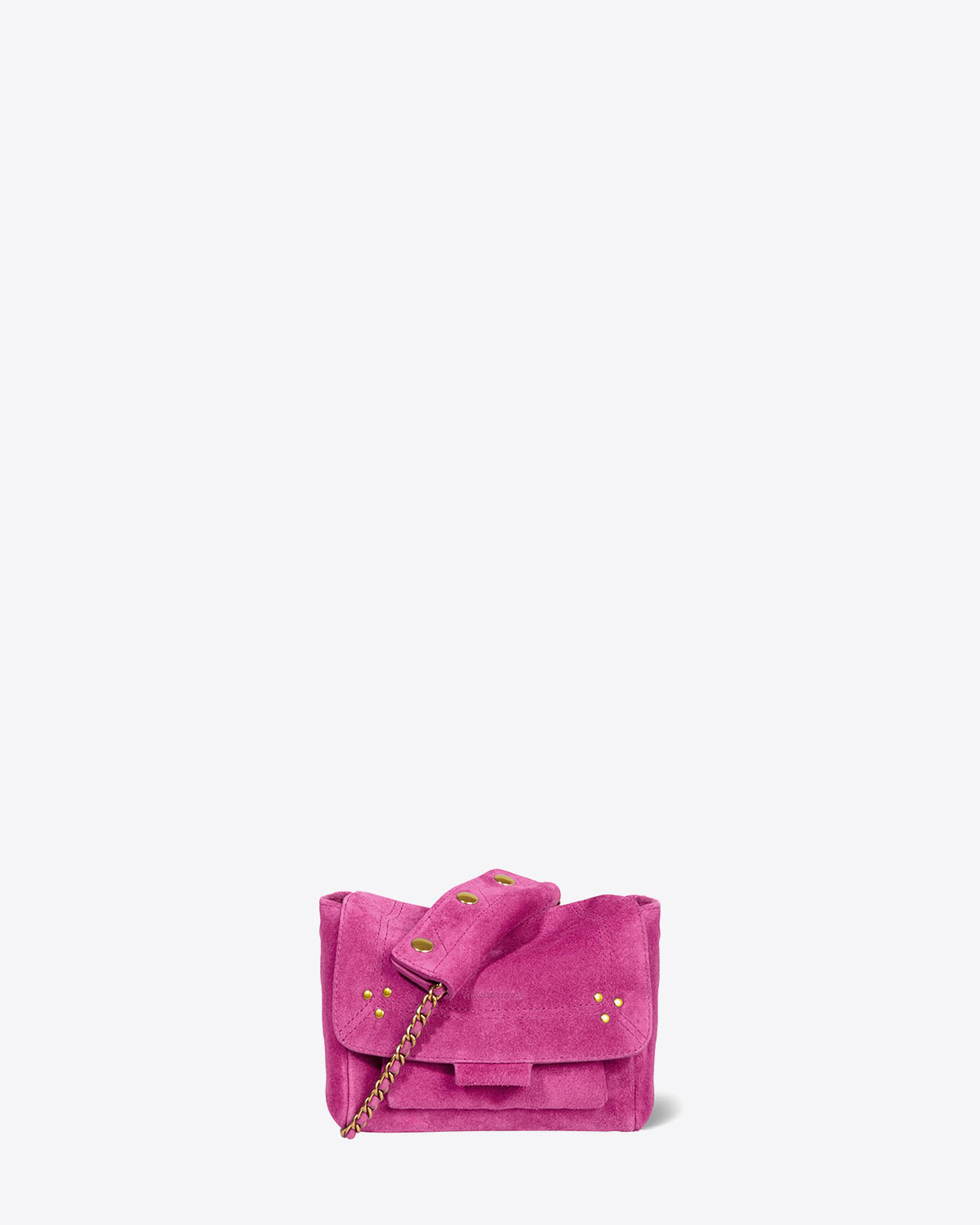 Mini-sac Lulu S Jérôme Dreyfuss en cuir suédé rose orchidée. Face. Détail de la patte sur la chaine afin de raccourcir le sac.