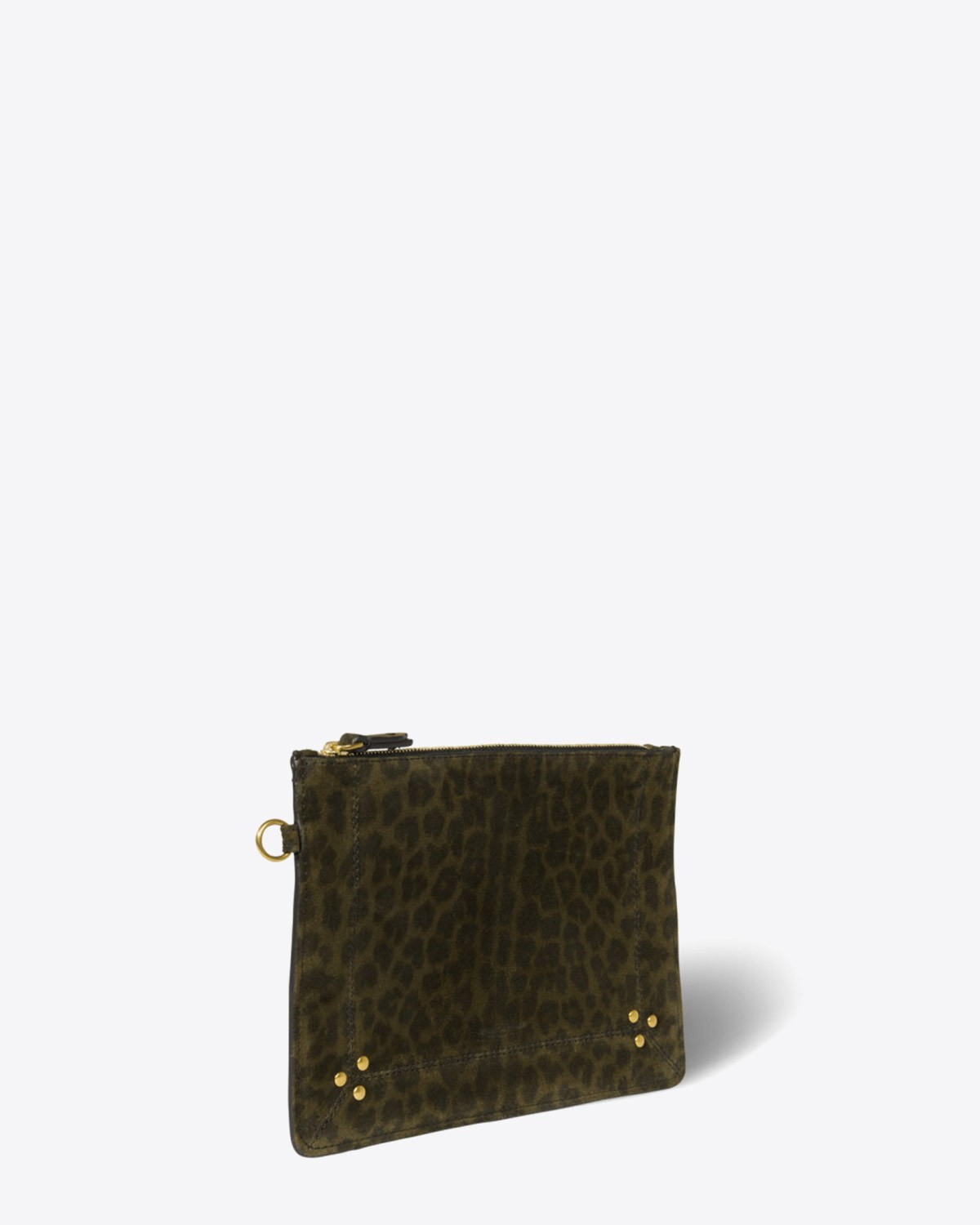 Pochette Popoche M Jérôme Dreyfuss en cuir imprimé léopard kaki. Vue profil.