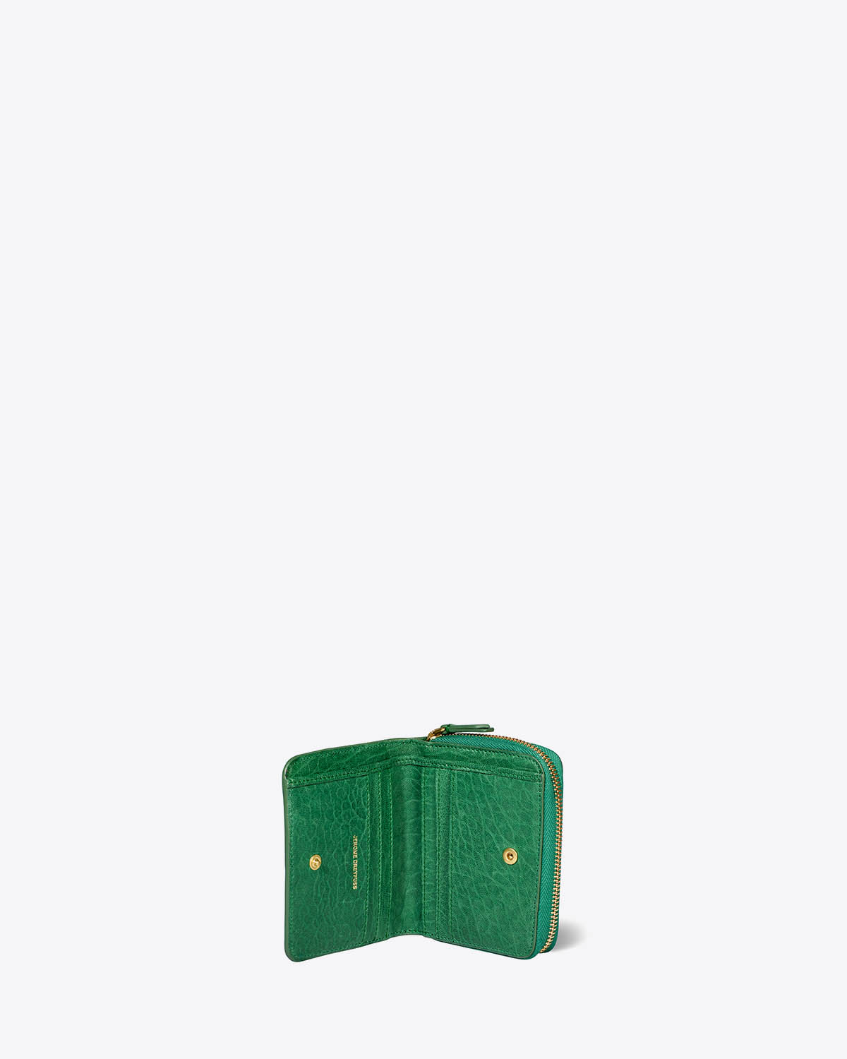 Portefeuille Andre Jérôme Dreyfuss en cuir vert. Vue ouvert.
