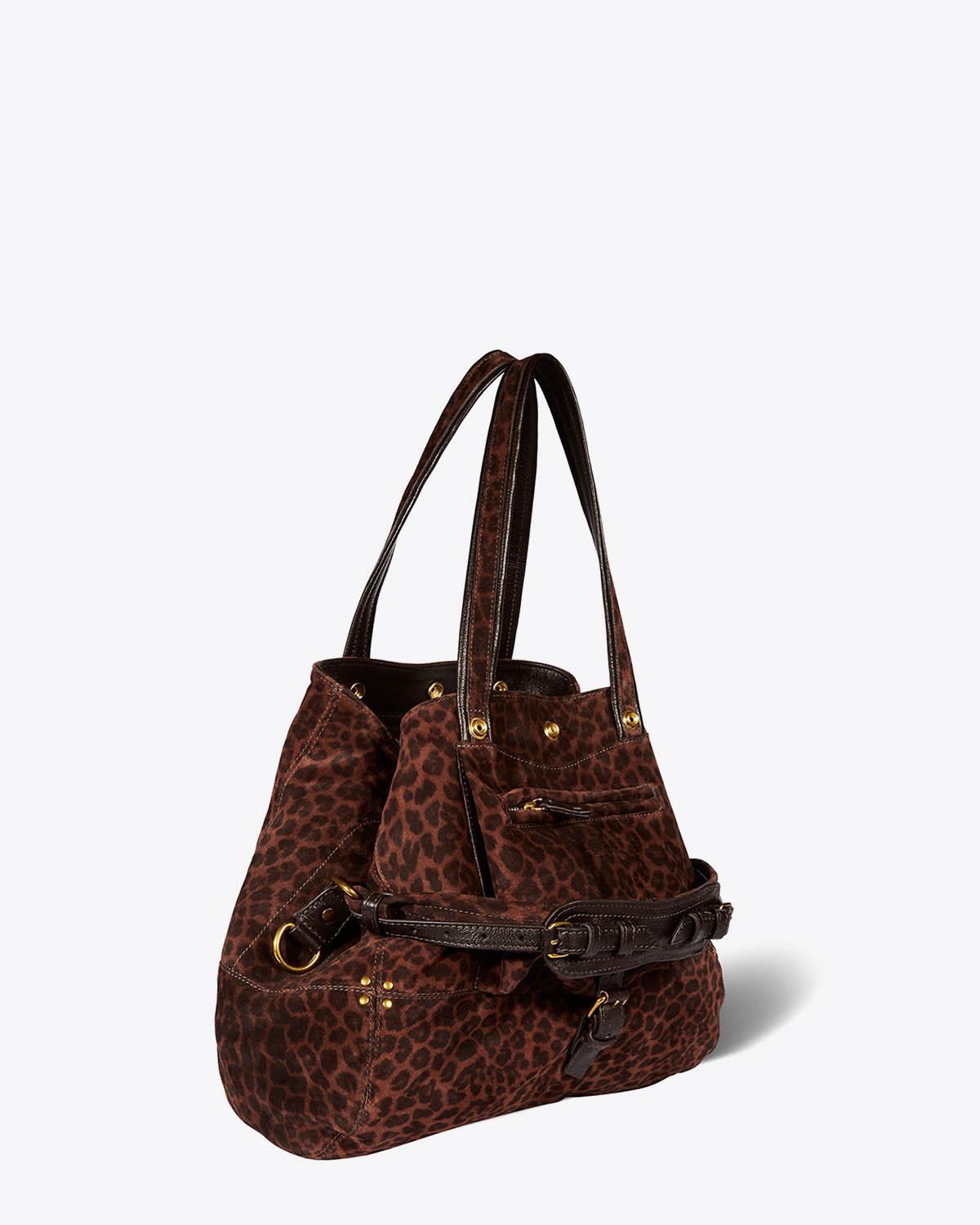 Sac cabas Billy M Jérôme Dreyfuss en cuir imprimé léopard naturel. Vue de profil. 