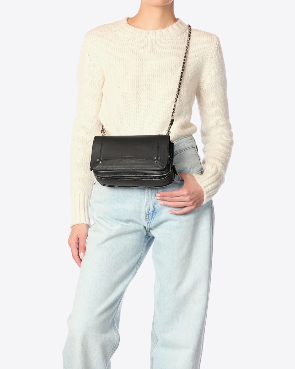 Sac Bobi Jérôme Dreyfuss en agneau noir finition silver porté crossbody.