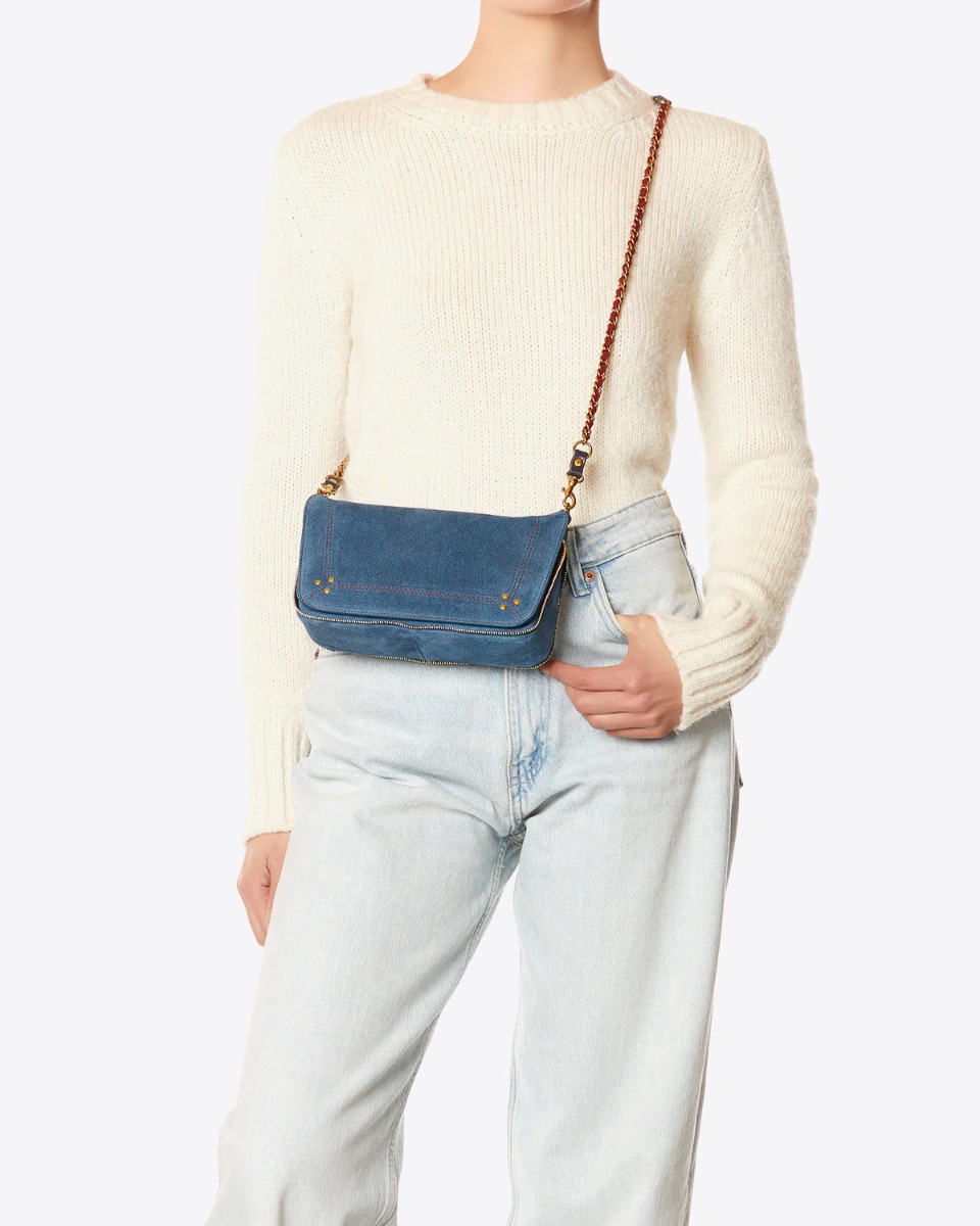 Sac bobi S Jérôme Dreyfuss en cuir suédé bleu jeans. Porté de face croisé en bandoulière.