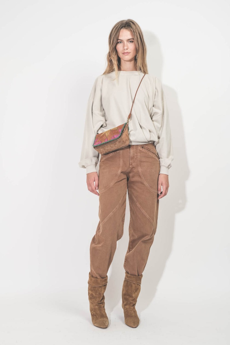 Sac Bobi S Jérôme Dreyfuss en cuir suédé multicolore "Coucher de soleil". Porté en bandoulière croisé.