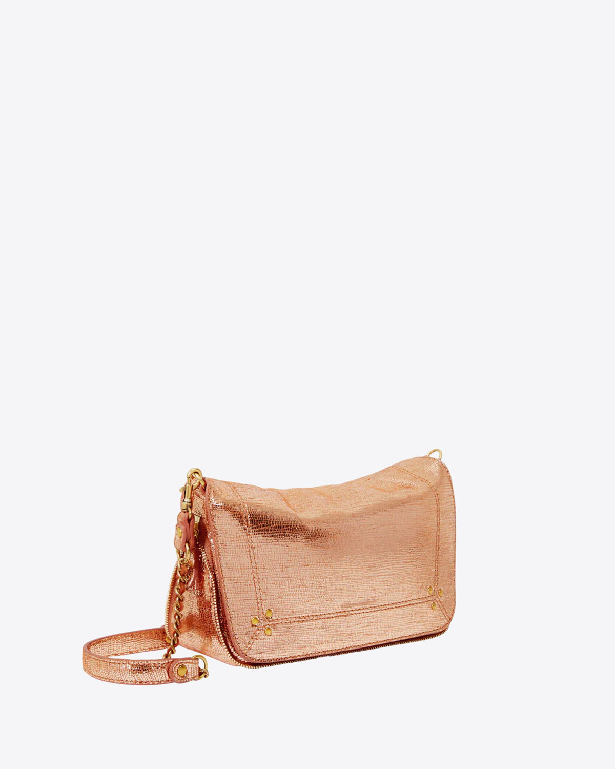 Petit sac Bobi S Jérôme Dreyfuss en cuir lamé rose goldd. Vue profil.
