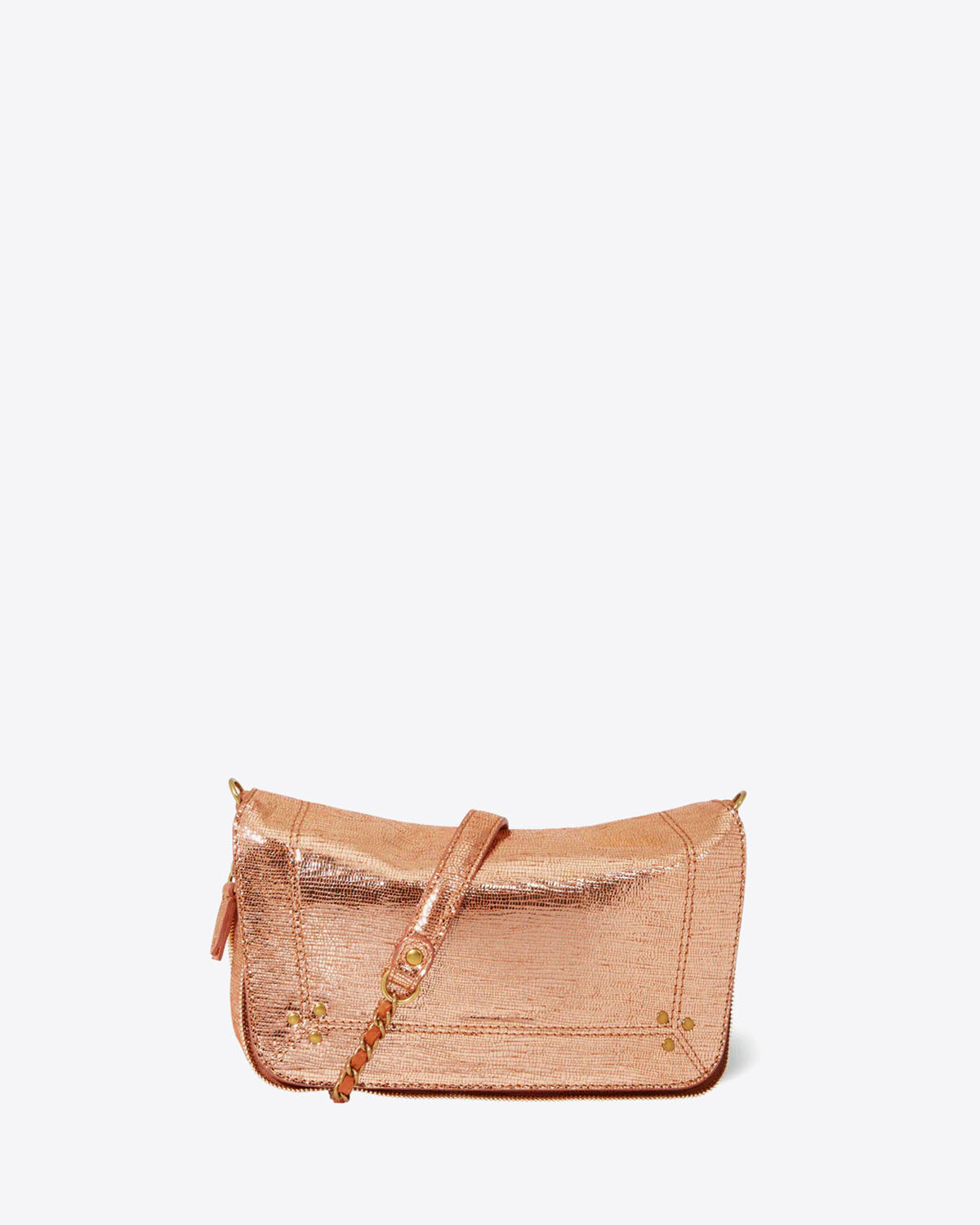 Petit sac Bobi S Jérôme Dreyfuss en cuir lamé rose goldd. Vue face. 
