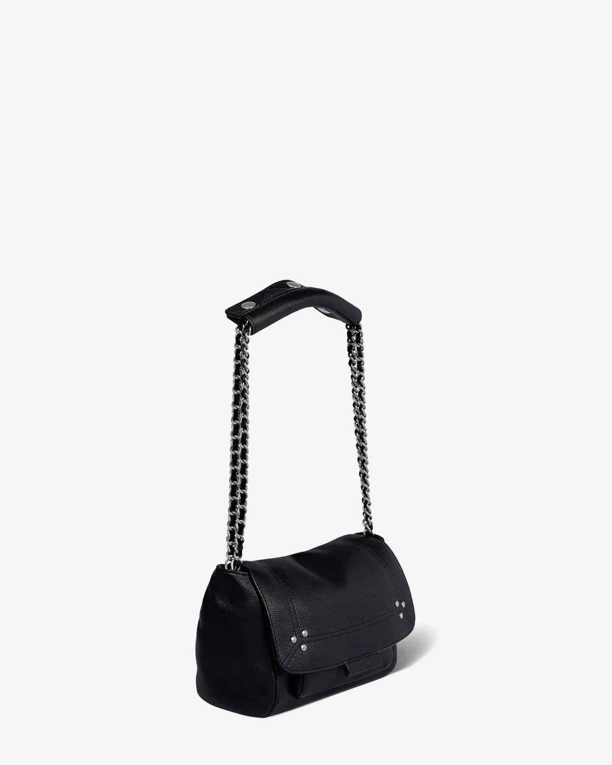 Sac bandoulière chaine cuir de veau noir silver Jérôme Dreyfuss. Vue profil. 