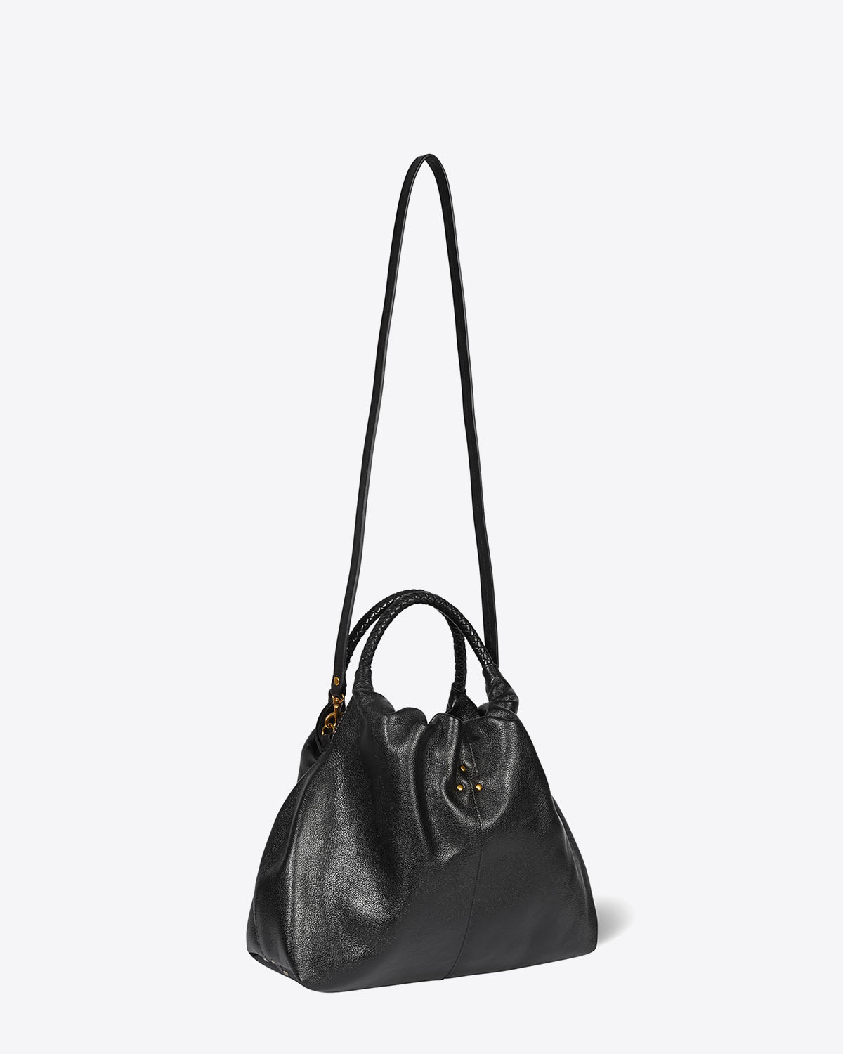 Sac Gordi M Jérôme Dreyfuss en cuir de buffle noir Brass. Bandoulière longue amovible pour un porté épaule ou croisé.