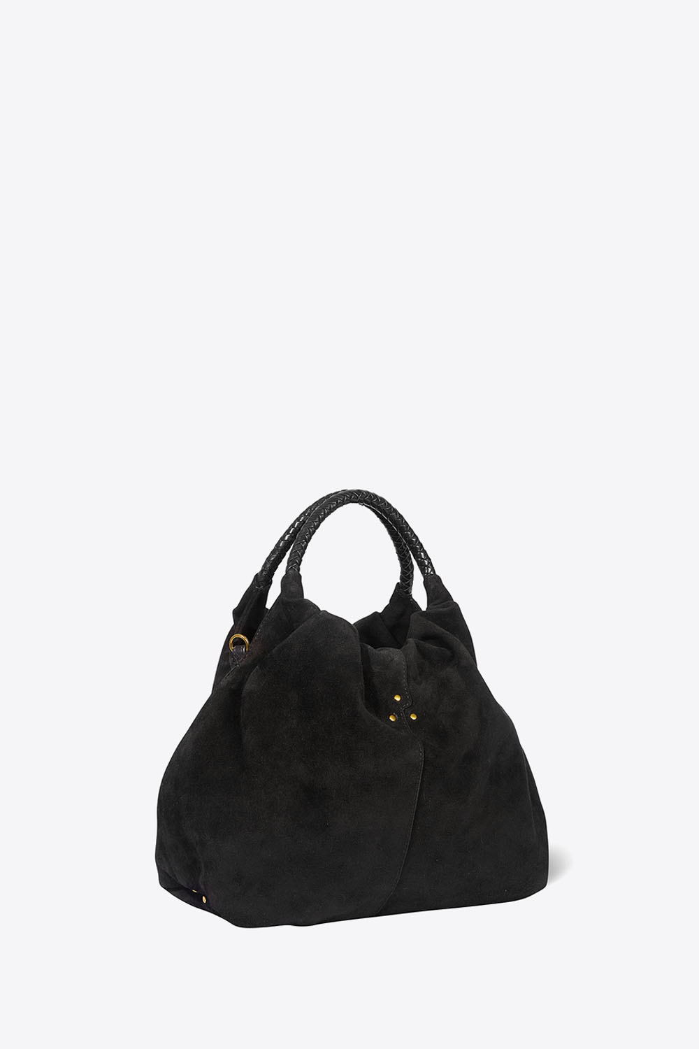 Sac Gordi M Jérôme Dreyfuss en cuir suédé noir forme bourse. Profil.