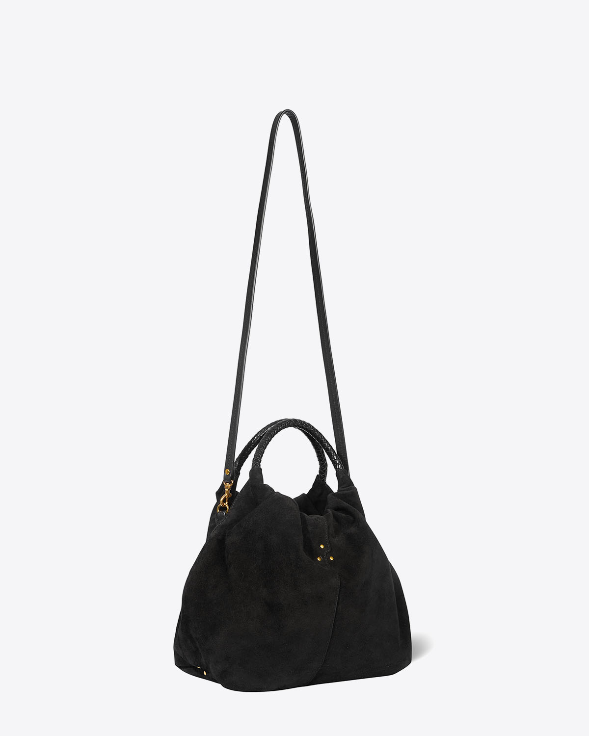 Sac Gordi M Jérôme Dreyfuss en cuir suédé noir forme bourse. Bandoulière longue amovible.