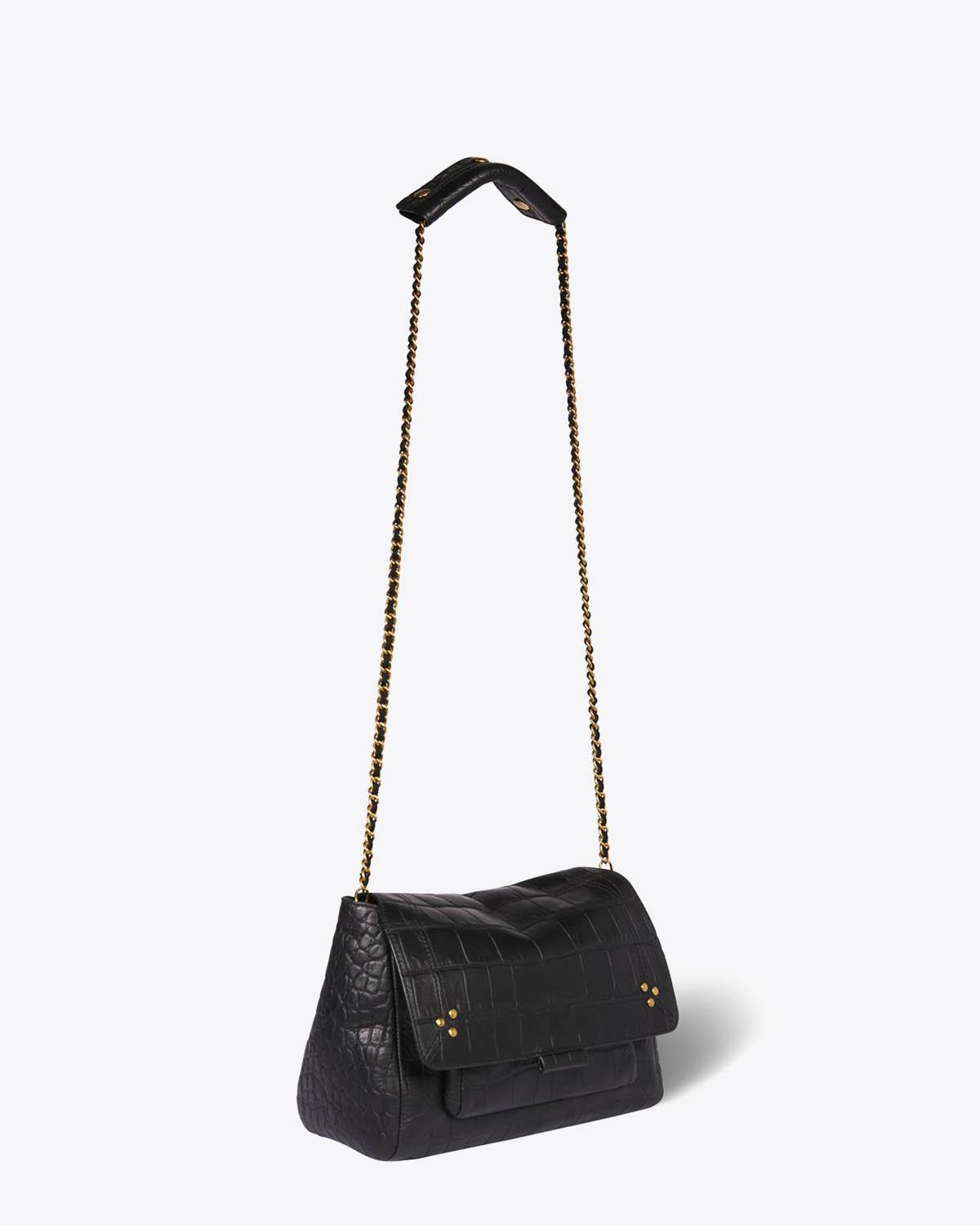 Sac Lulu M Jérôme Dreyfuss en cuir effet croco noir. Porté chaine longue pour un porté épaule ou croisé.