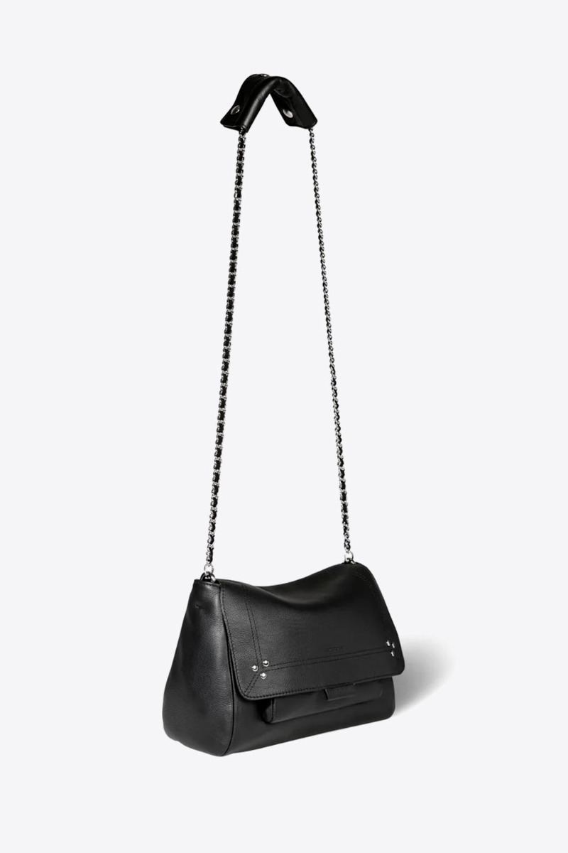 Sac Lulu M Jérôme Dreyfuss en cuir de veau noir finition silver. Vue de profil pendoulière longue.