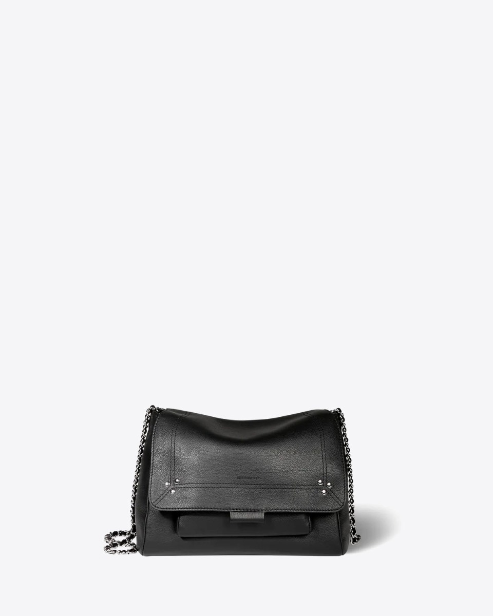 Sac Lulu M Jérôme Dreyfuss en cuir de veau noir finition silver. Vue de face.