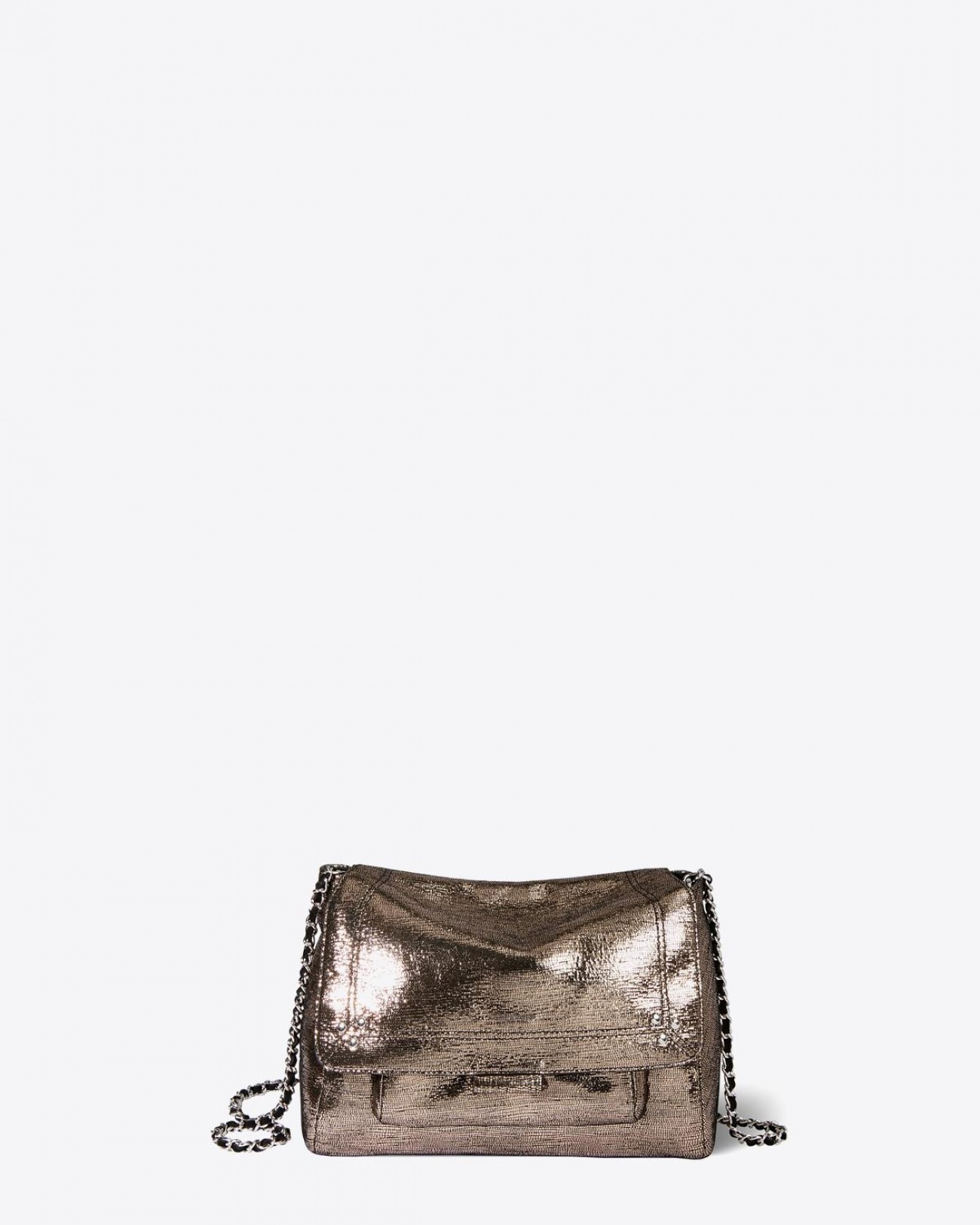 Sac Lulu M en cuir lamé champagne Jérôme Dreyfuss. Face.