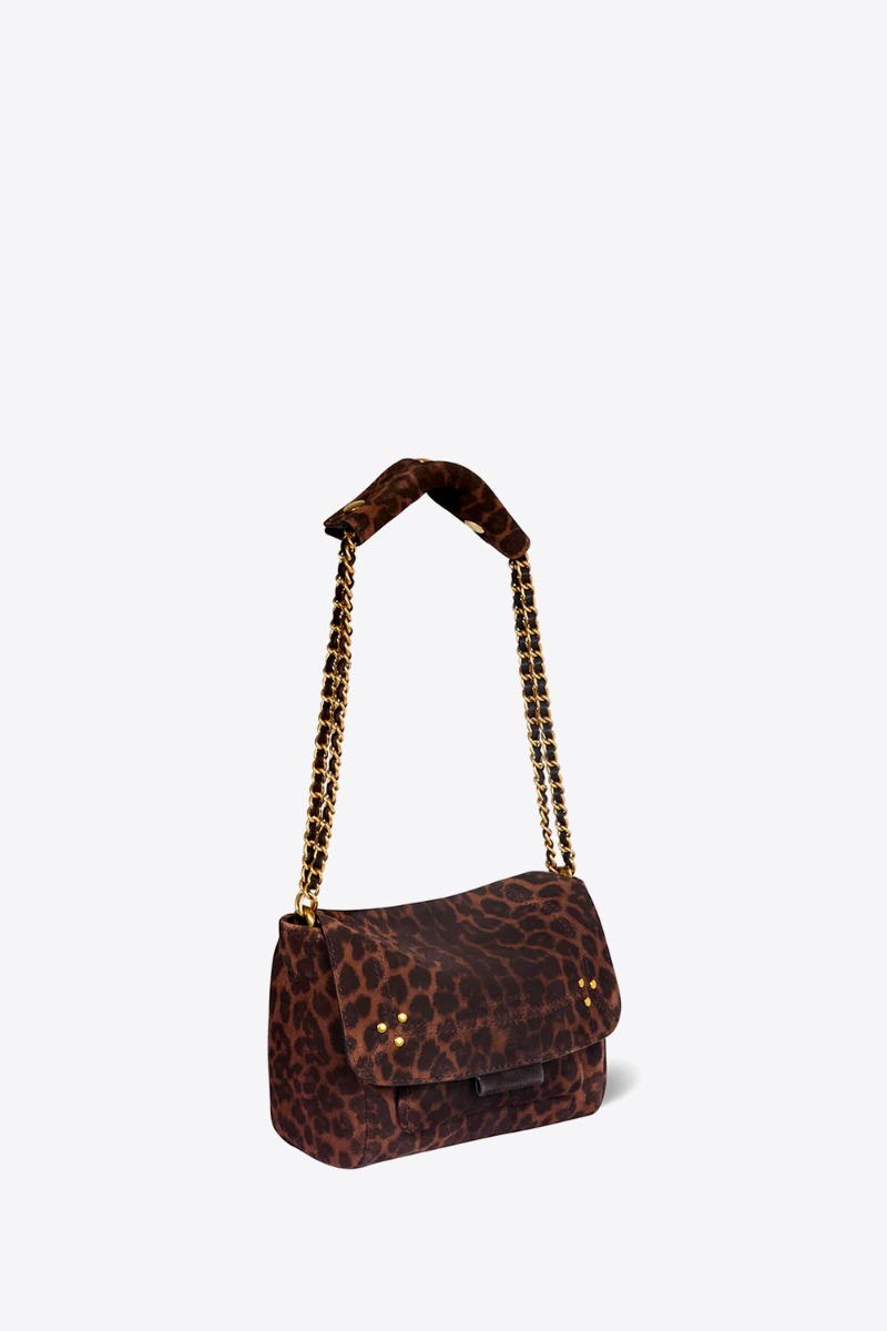 Sac Lulu S Jérôme Dreyfuss en cuir suédé léopard naturel. Vue de profil bandoulière chaîne courte.