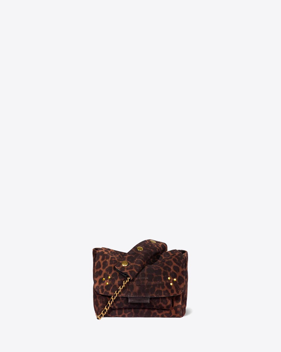 Sac Lulu S Jérôme Dreyfuss en cuir suédé léopard naturel. Vue de face.