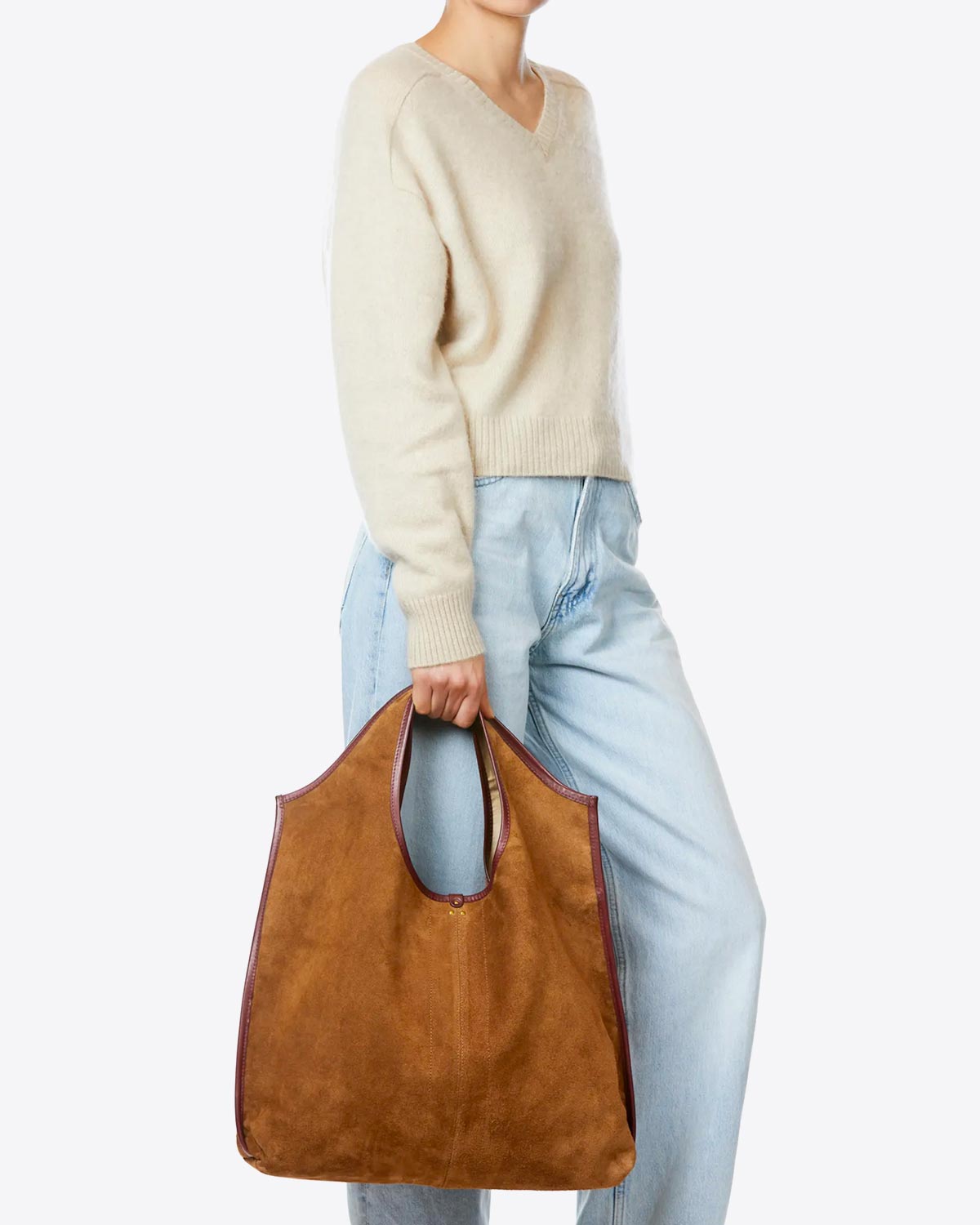 Sac Paco Jérôme Dreyfuss en cuir velours suédé tabac. Porté à la main 