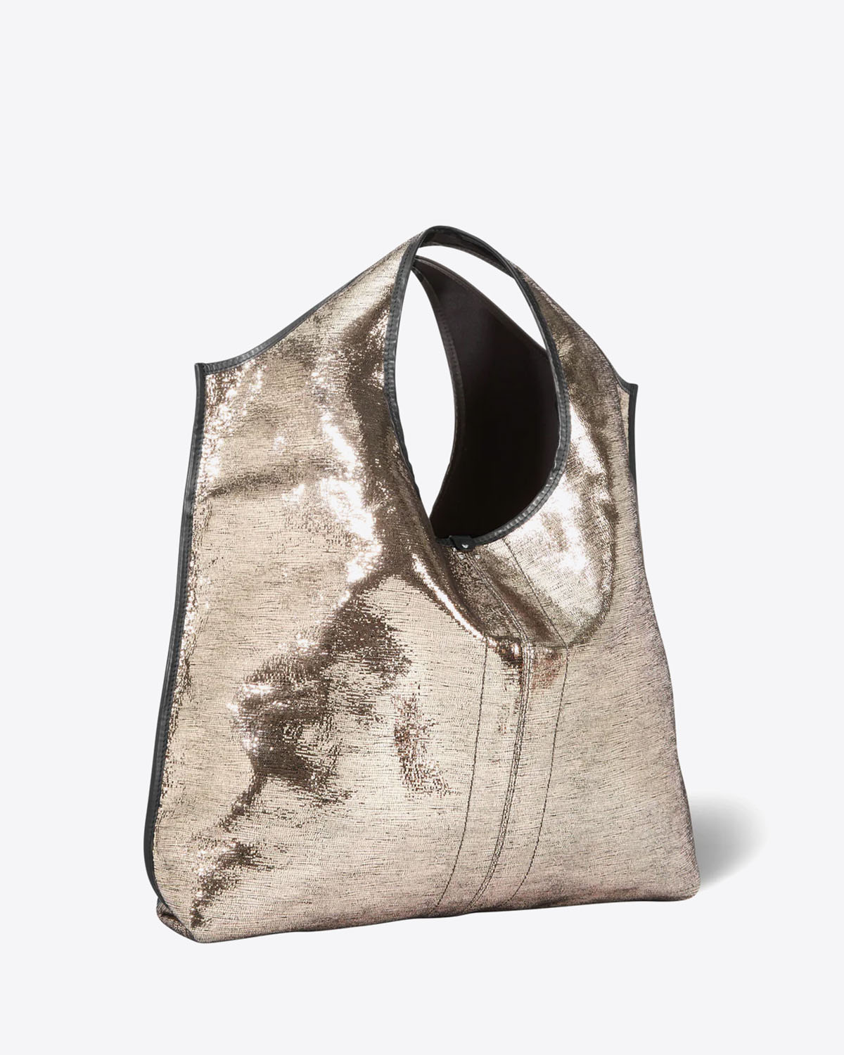 Sac Paco Jérôme Dreyfuss en cuir lamé champagne. Vue profil.