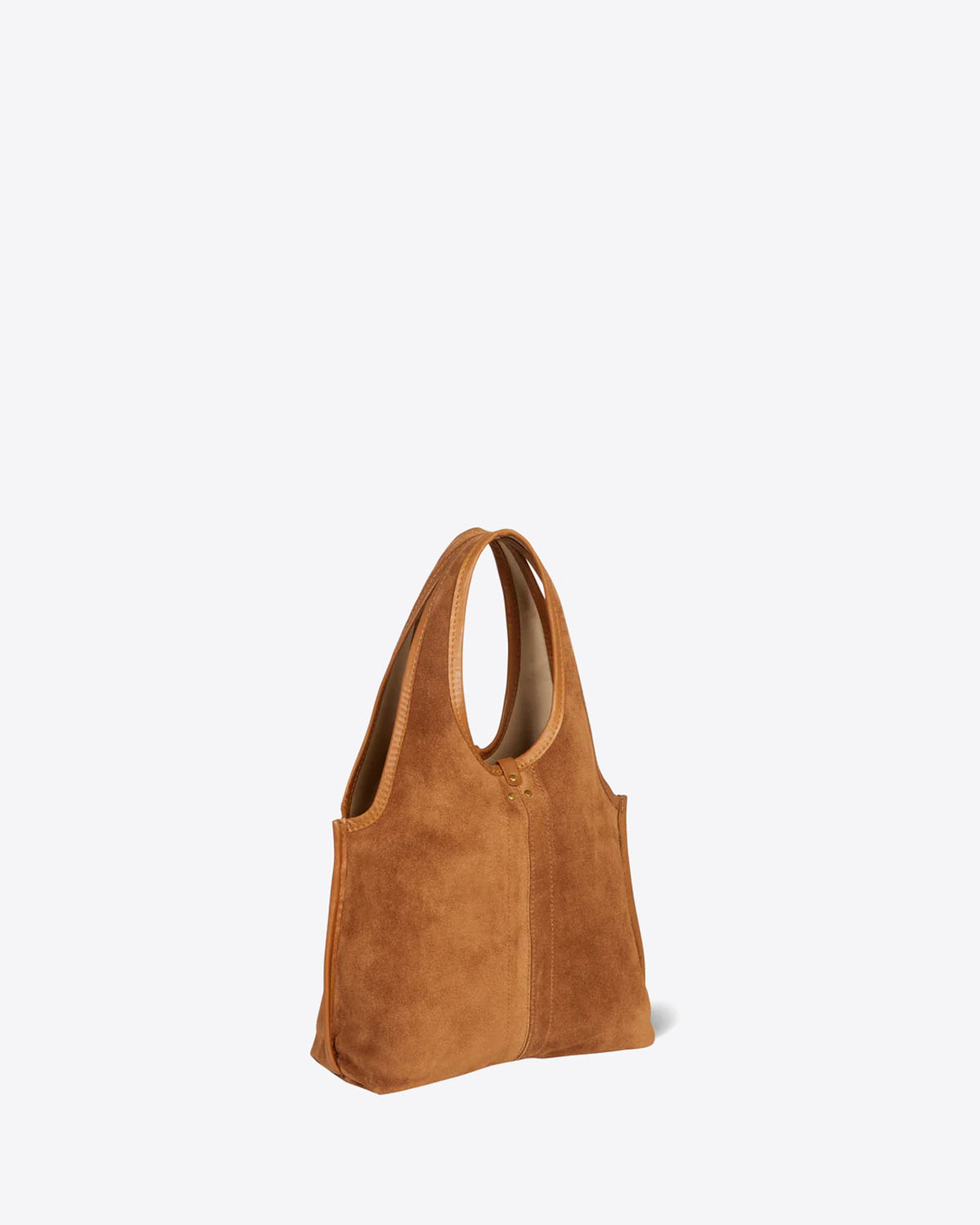 Sac petit cabas souple Paco S Jérôme Dreyfuss en cuir suédé marron. Vue profil.