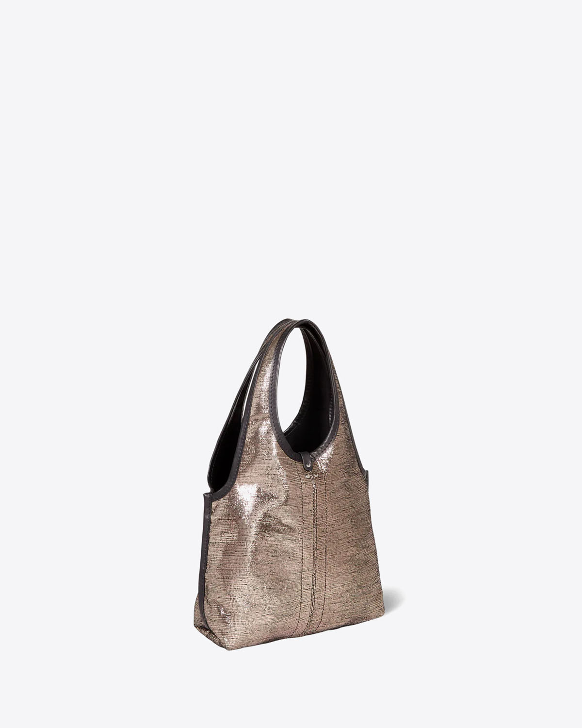 Sac petit cabas souple Paco S Jérôme Dreyfuss en cuir lamé champagne. Vue profil