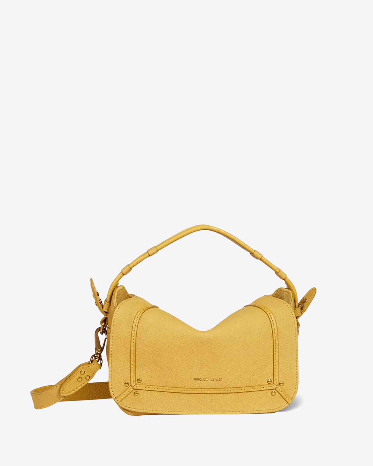 Sac Pépito S petit format Jérôme Dreyfuss en cuir jaune mimosa. Vue face. 