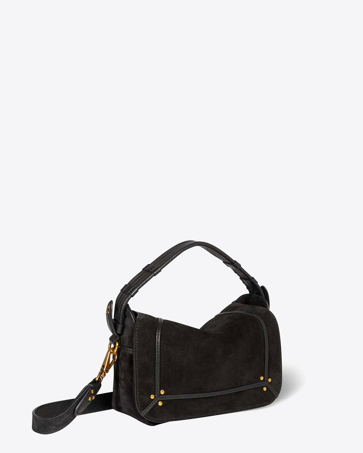 Sac besace Pepito S Jérôme Dreyfuss en cuir suédé noir. Vue profil.