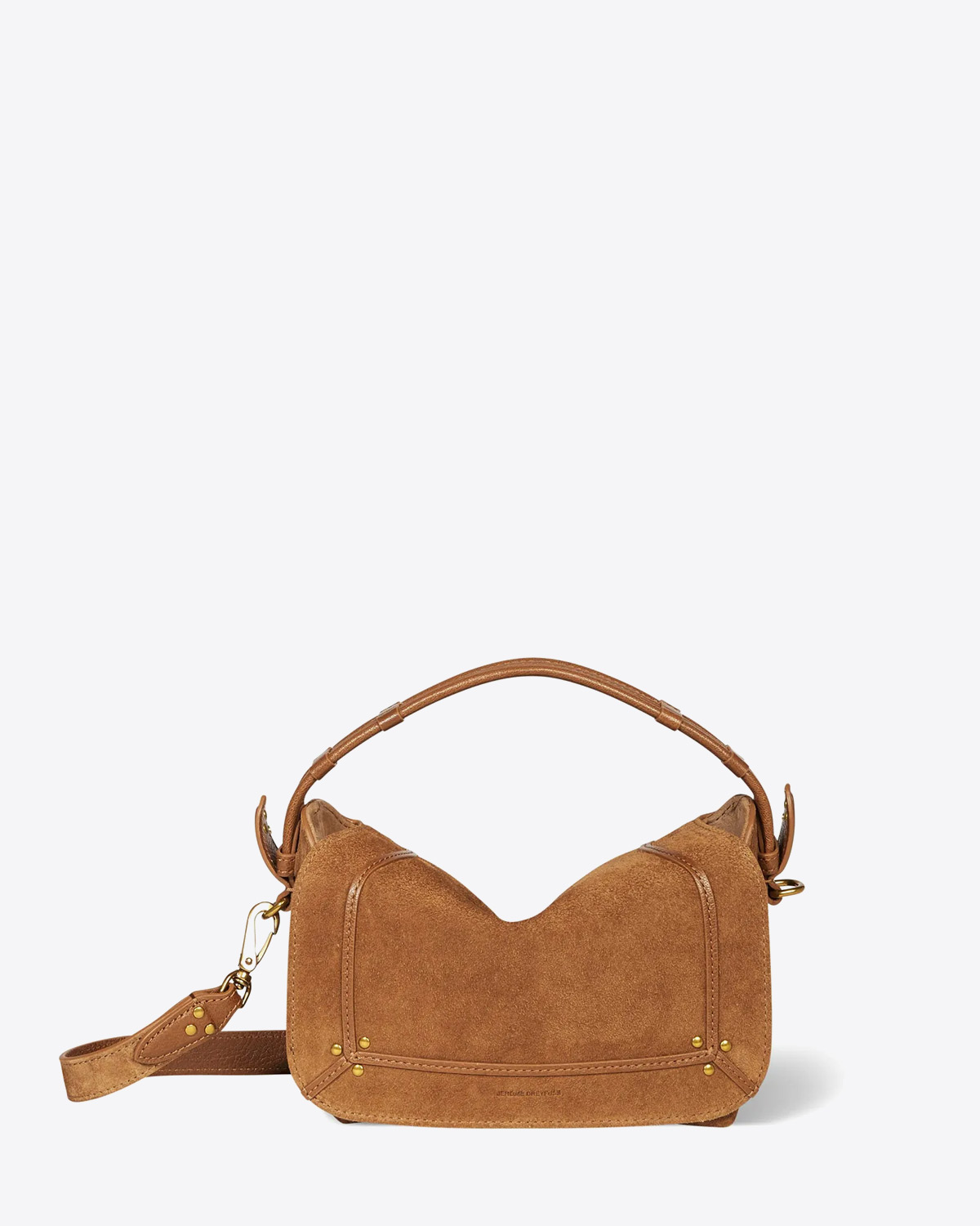 Petit sac besace Pepito S Jérôme Dreyfuss en cuir tabac. Vue face. 
