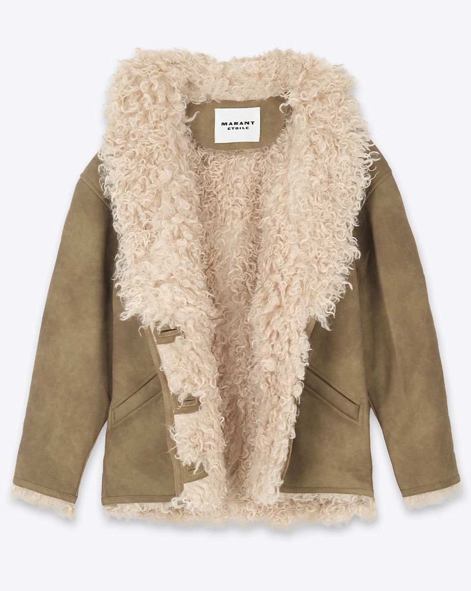 Manteau Clea Isabel Marant Etoile en faux mouton retourné taupe. Vue de face. Ouvert.