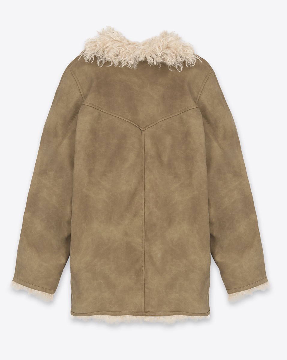 Manteau Clea Isabel Marant Etoile en faux mouton retourné taupe. Vue de dos.